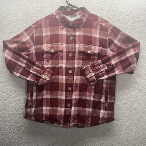 Eddie Bauer Tops - Eddie Bauer Shirt Womens Medium Red White Sherpa Lined  Plaid Flannel Shacket